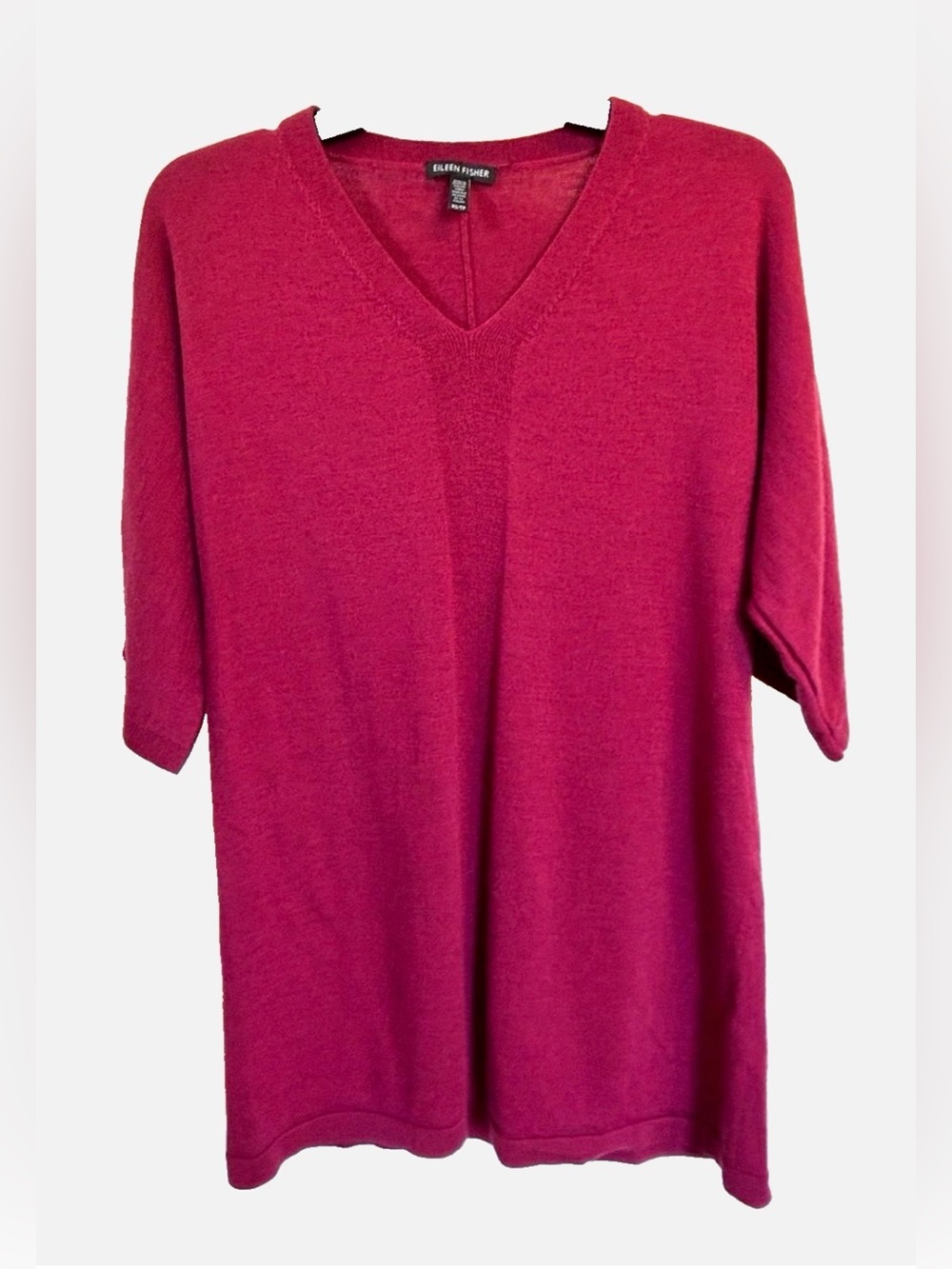 Eileen Fisher 100% Merino Wool Sweater XS Cranberry V Neck 3/4 Sleeve